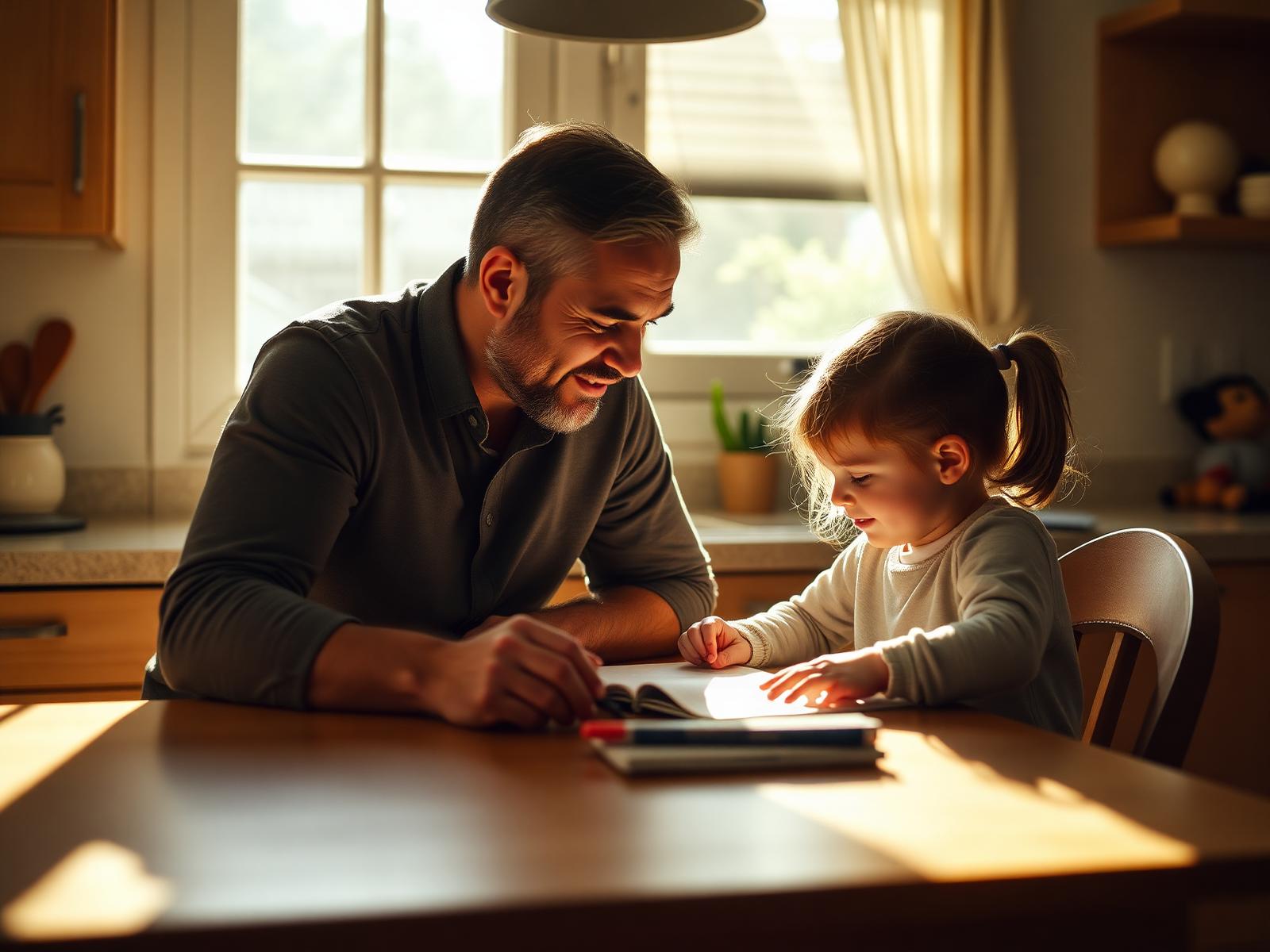 Parent and child studying together at home